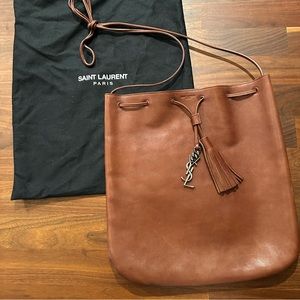 SAINT LAURENT Calfskin Medium Jen Flat Bucket Bag in Brown